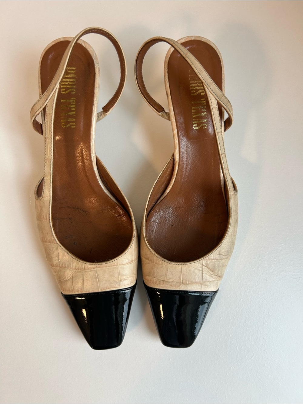 Paris Texas Croc Embossed Leather Black Patent Cap-toe Slingback Pumps 38.5